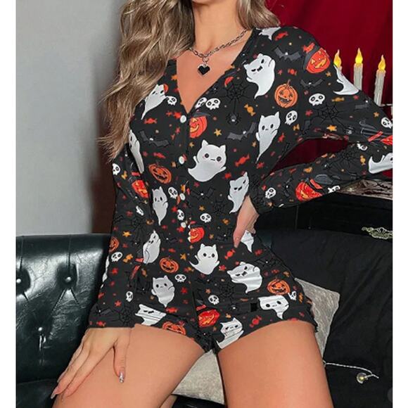 Ghost Pumpkin Print Long Sleeve Romper | Chicgenes - Picture 1 of 5